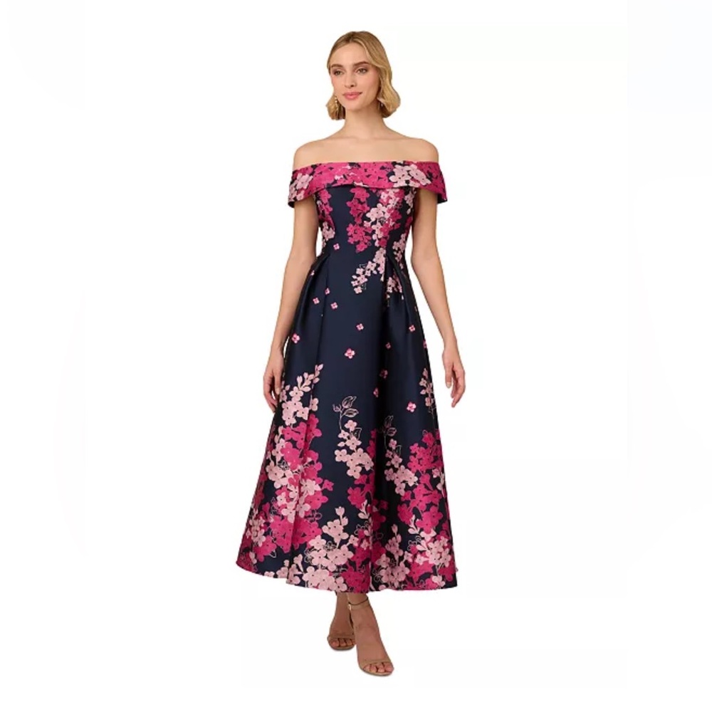 Adrianna Papell Navy and Pink Floral Off-Shoulder Dress